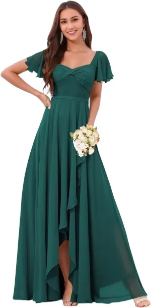 DREAMIND Long Chiffon Bridesmaid Dresses for Women Flutter Sleeve Formal Evening Dress with Slit CY0075