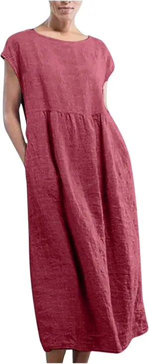Dresses for Women 2024 Cotton Linen Solid Loose Casual Dress Crewneck Sleeveless Comfy Lightweight Flowy Maxi Dress