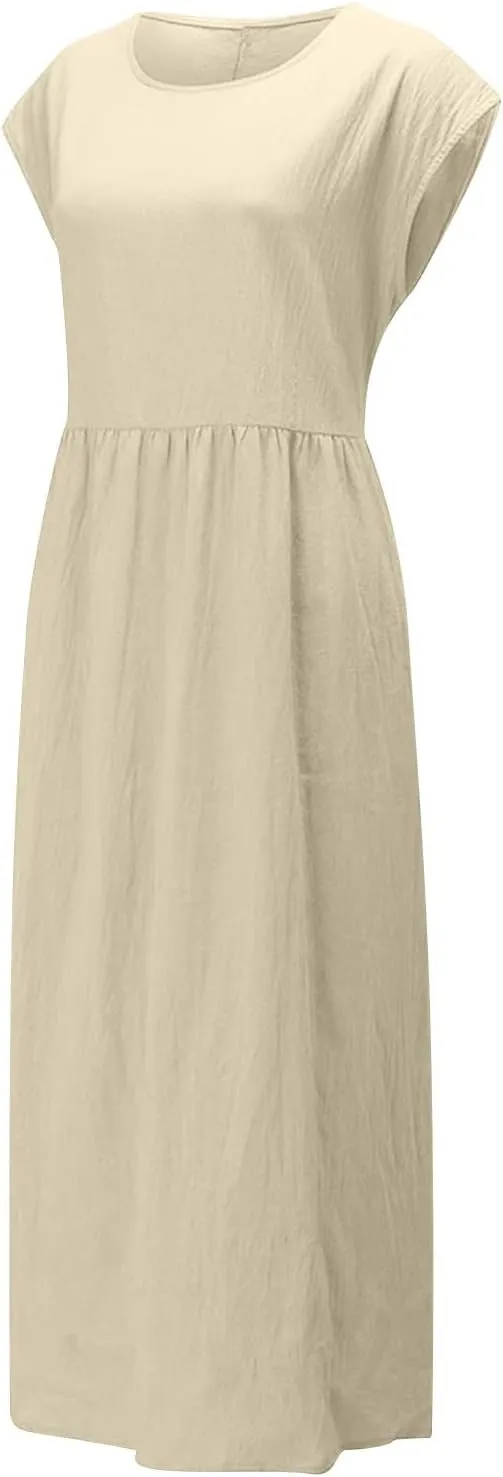 Dresses for Women 2024 Cotton Linen Solid Loose Casual Dress Crewneck Sleeveless Comfy Lightweight Flowy Maxi Dress