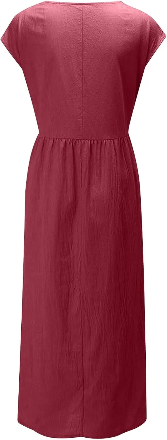 Dresses for Women 2024 Cotton Linen Solid Loose Casual Dress Crewneck Sleeveless Comfy Lightweight Flowy Maxi Dress