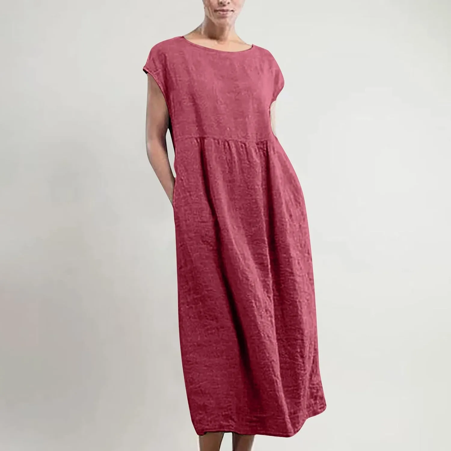 Dresses for Women 2024 Cotton Linen Solid Loose Casual Dress Crewneck Sleeveless Comfy Lightweight Flowy Maxi Dress