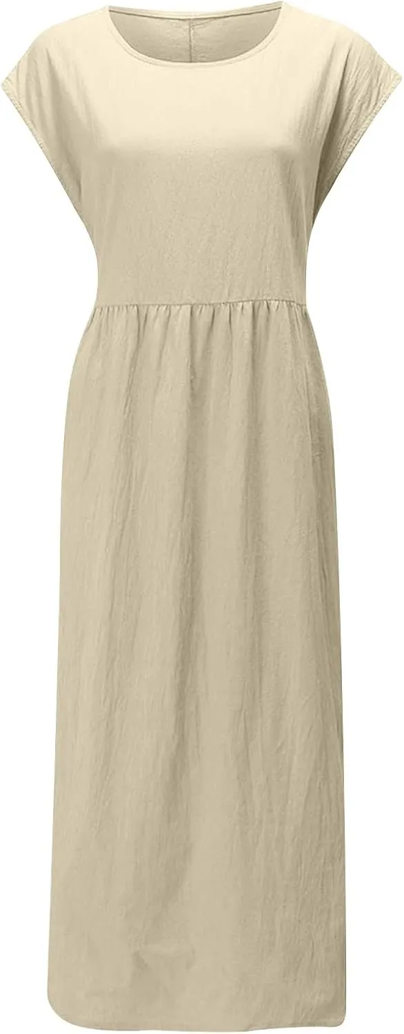 Dresses for Women 2024 Cotton Linen Solid Loose Casual Dress Crewneck Sleeveless Comfy Lightweight Flowy Maxi Dress