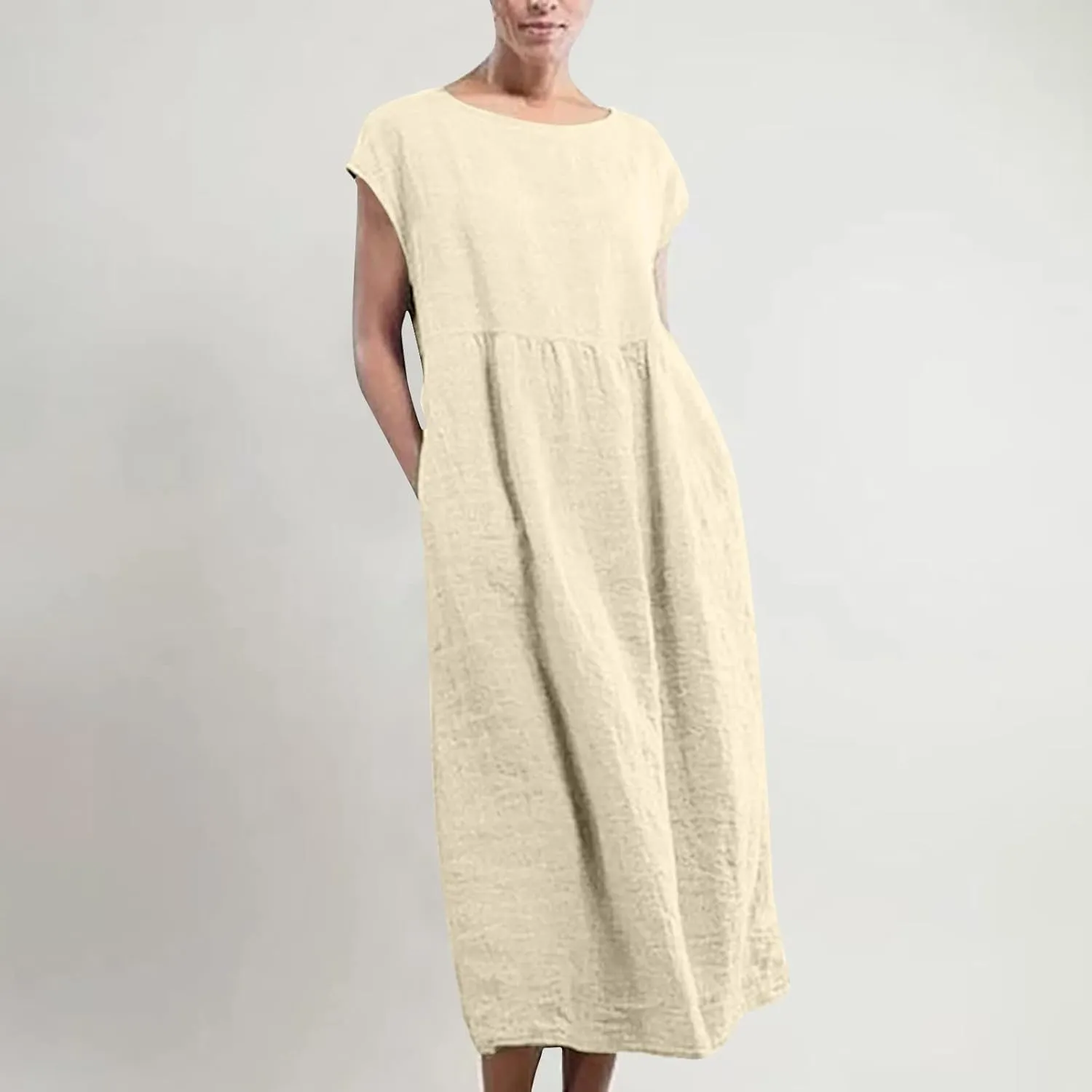 Dresses for Women 2024 Cotton Linen Solid Loose Casual Dress Crewneck Sleeveless Comfy Lightweight Flowy Maxi Dress