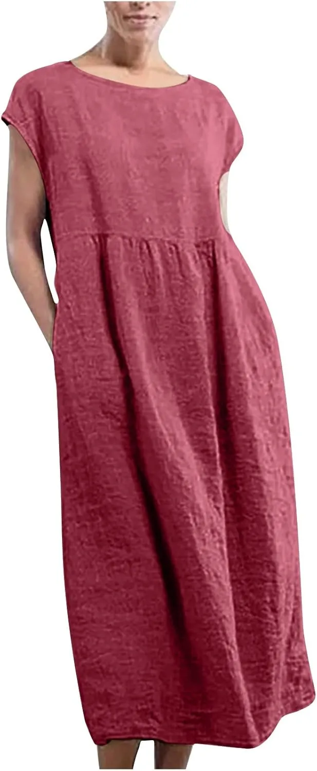 Dresses for Women 2024 Cotton Linen Solid Loose Casual Dress Crewneck Sleeveless Comfy Lightweight Flowy Maxi Dress