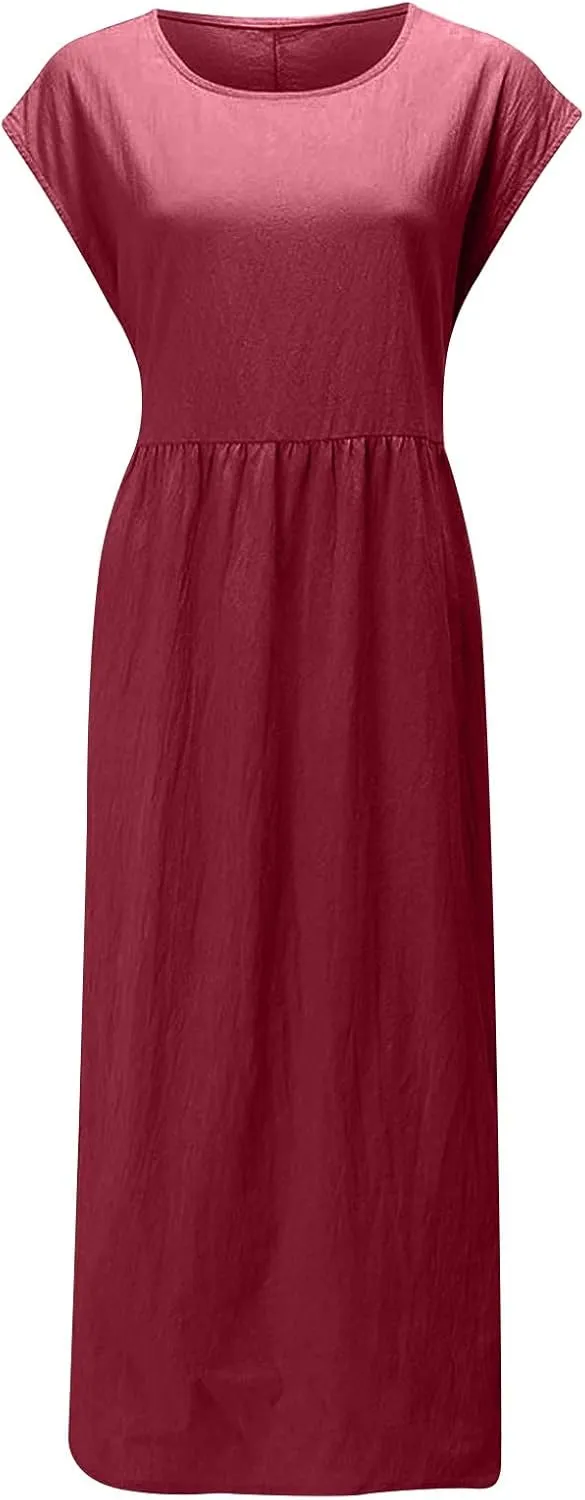 Dresses for Women 2024 Cotton Linen Solid Loose Casual Dress Crewneck Sleeveless Comfy Lightweight Flowy Maxi Dress