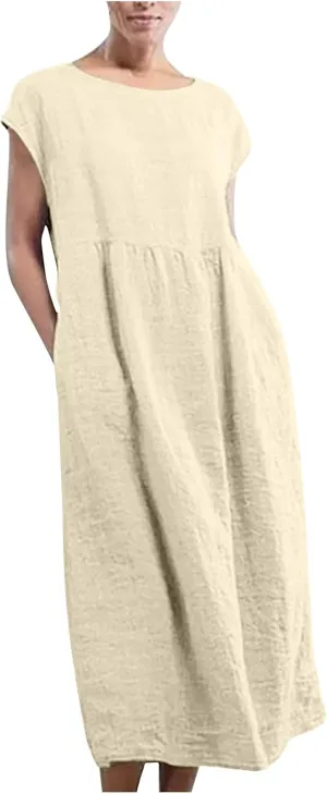 Dresses for Women 2024 Cotton Linen Solid Loose Casual Dress Crewneck Sleeveless Comfy Lightweight Flowy Maxi Dress