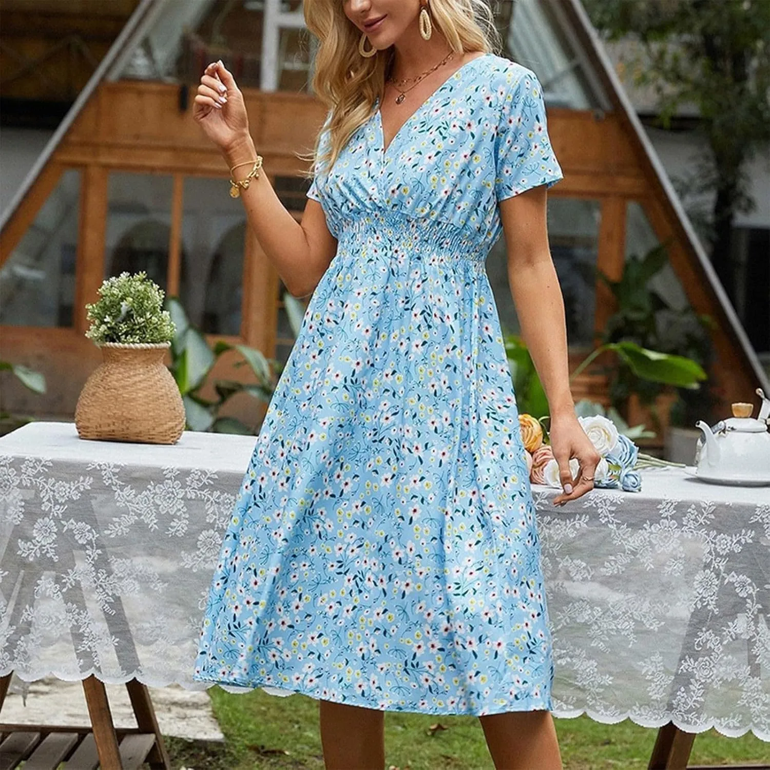Dresses for Women 2025 Swing Flowy Ruffle Hem Swing Spring Summer Casual Womens Summer Dresses