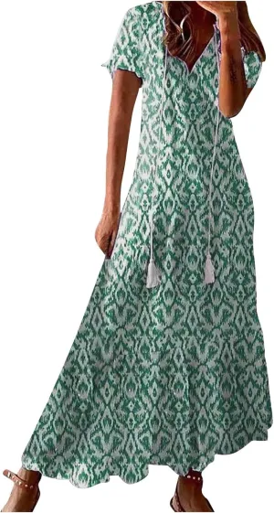 Dresses for Women Drawstring V Neck Short Sleeve Floral Print Maxi Dress Boho Loose Fit Causal Swing Long Dresses