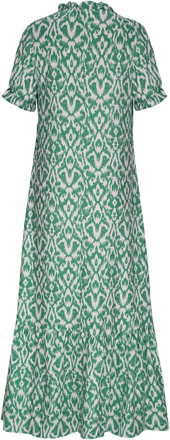 Dresses for Women Drawstring V Neck Short Sleeve Floral Print Maxi Dress Boho Loose Fit Causal Swing Long Dresses