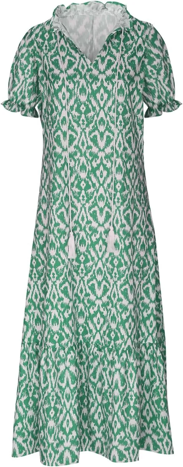 Dresses for Women Drawstring V Neck Short Sleeve Floral Print Maxi Dress Boho Loose Fit Causal Swing Long Dresses