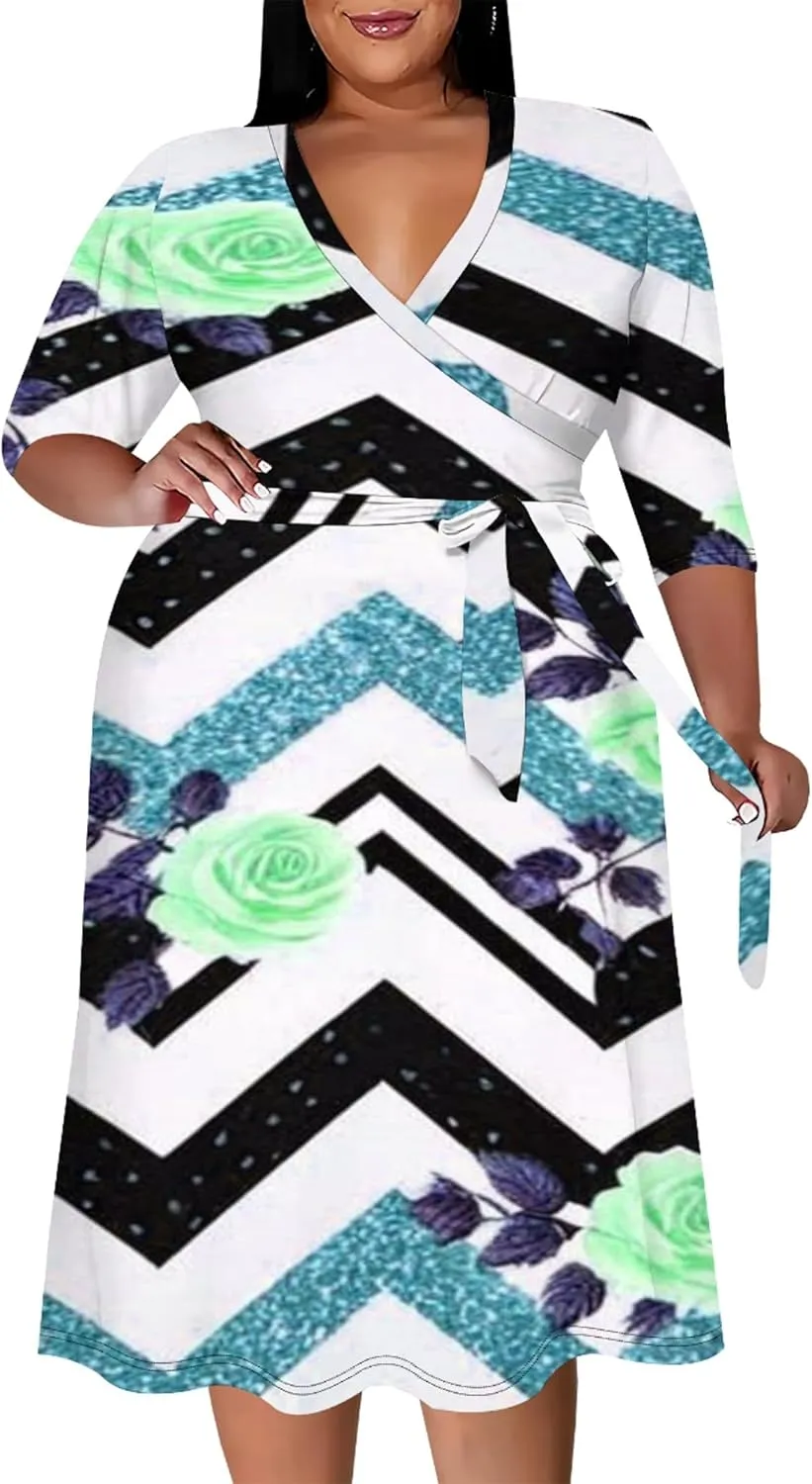 Dresses for Women Plus Size 3/4 Sleeves Midi Dress with Belt Casual Sexy V Neck Club Wear Party Outfits