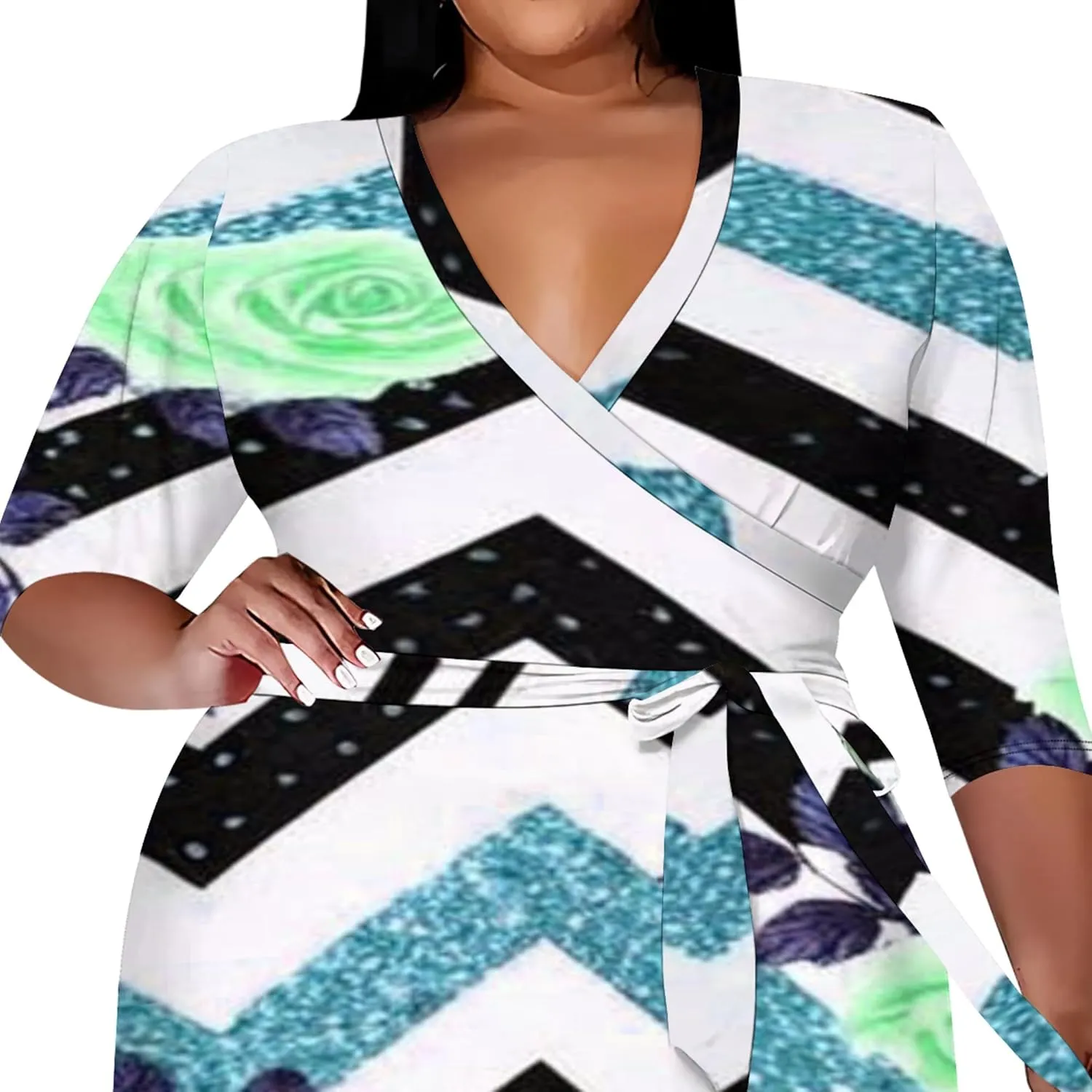 Dresses for Women Plus Size 3/4 Sleeves Midi Dress with Belt Casual Sexy V Neck Club Wear Party Outfits