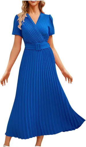Dresses for Women Plus Size Elegant Pleated Daily Wear Dress Flowy Maxi Dress Short Sleeve Loose Casual Dresses