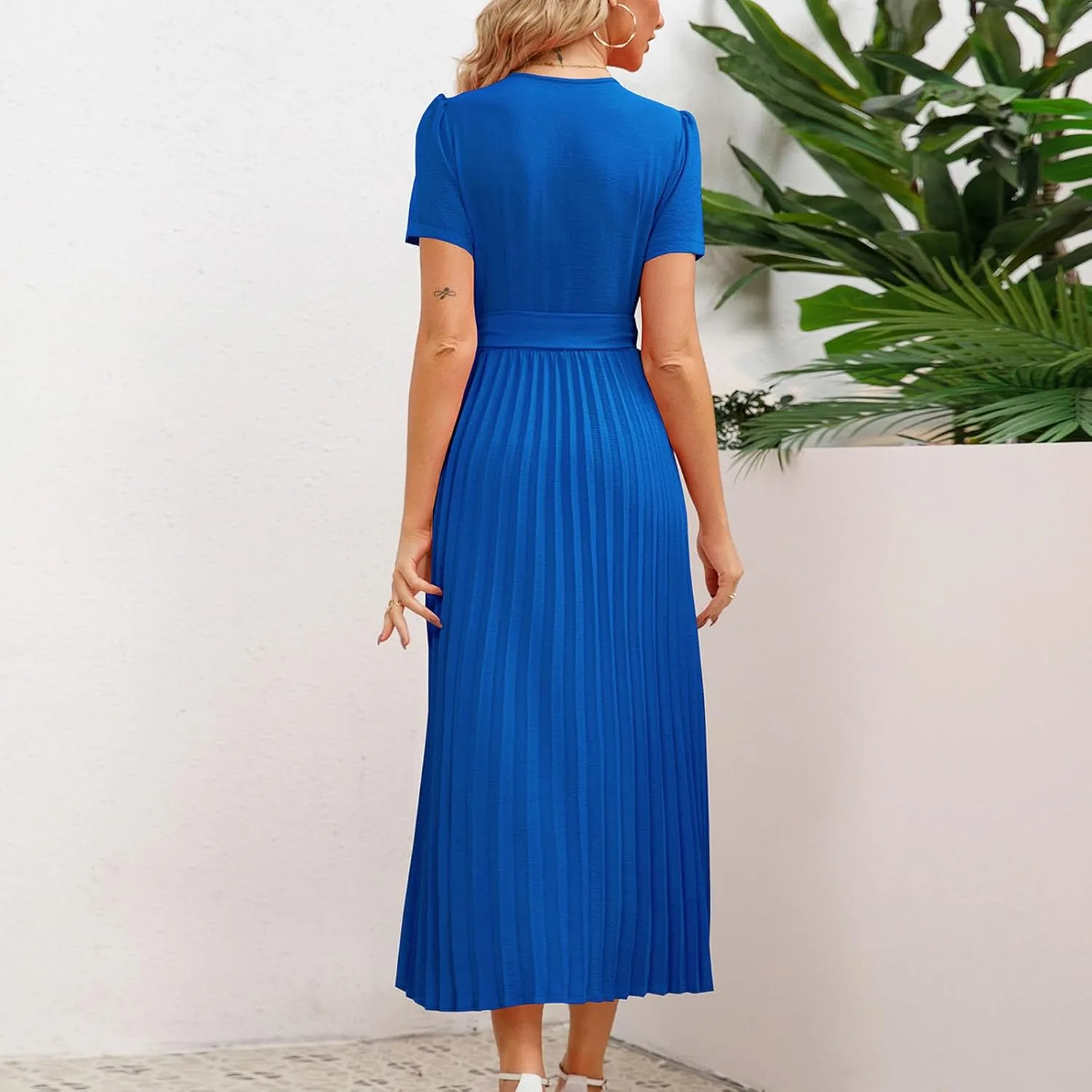 Dresses for Women Plus Size Elegant Pleated Daily Wear Dress Flowy Maxi Dress Short Sleeve Loose Casual Dresses