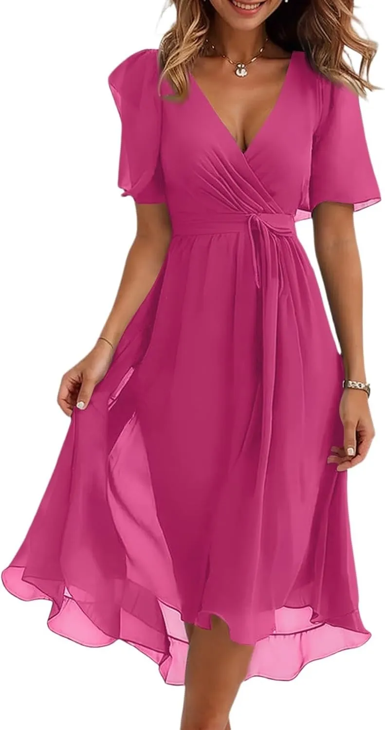 Dresses for Women,Chiffon Sexy Midi Dresses Short Sleeve Flowy Wrap Wedding Guest Womens Summer Dress Cocktail Prom