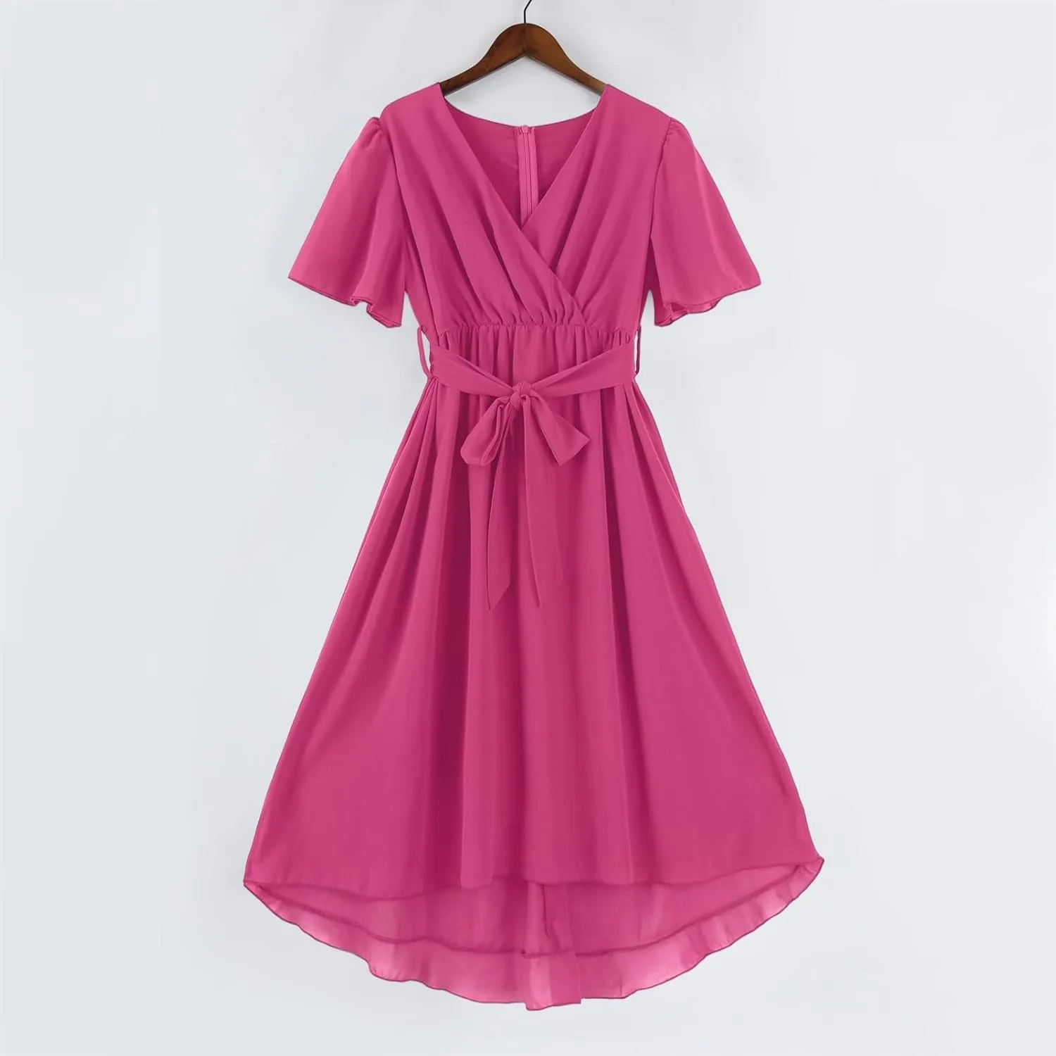 Dresses for Women,Chiffon Sexy Midi Dresses Short Sleeve Flowy Wrap Wedding Guest Womens Summer Dress Cocktail Prom