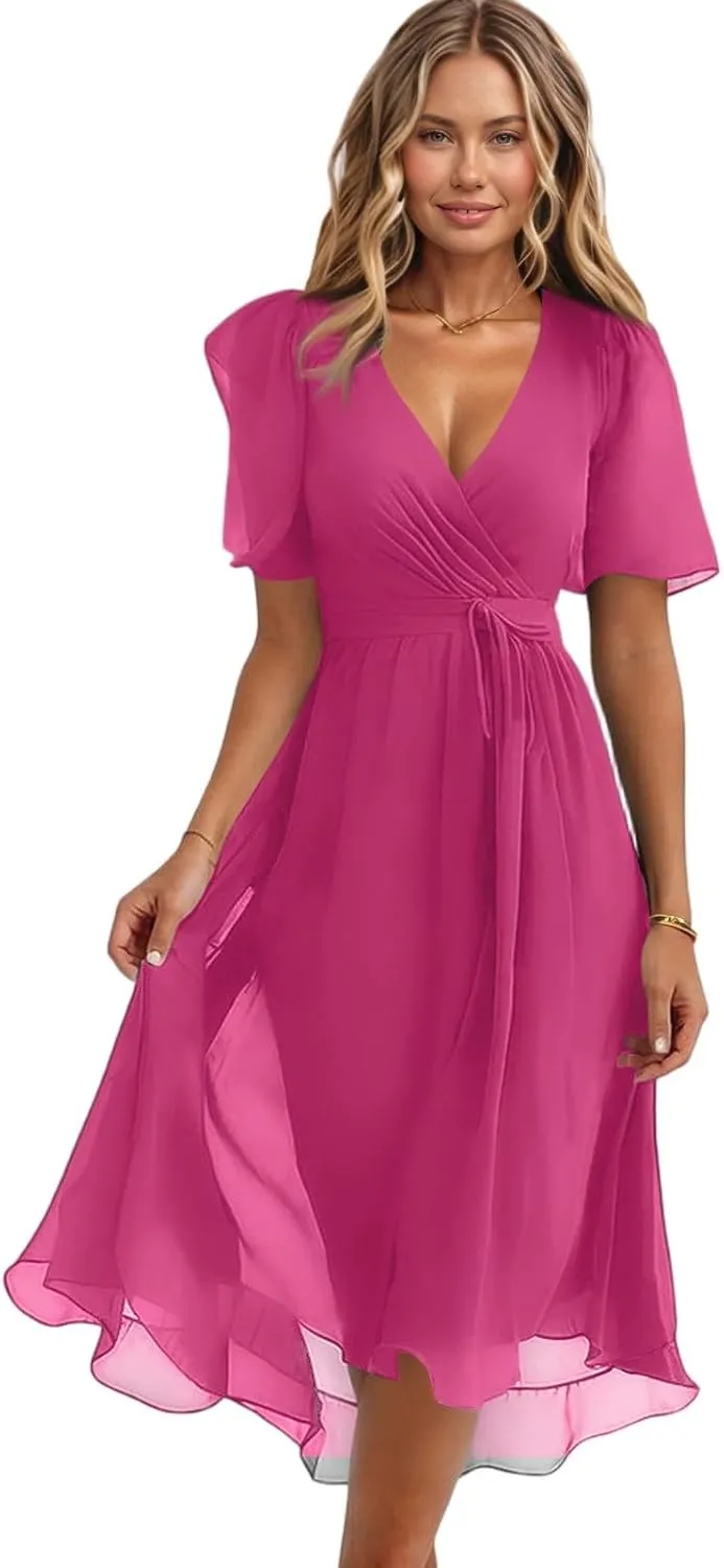 Dresses for Women,Chiffon Sexy Midi Dresses Short Sleeve Flowy Wrap Wedding Guest Womens Summer Dress Cocktail Prom