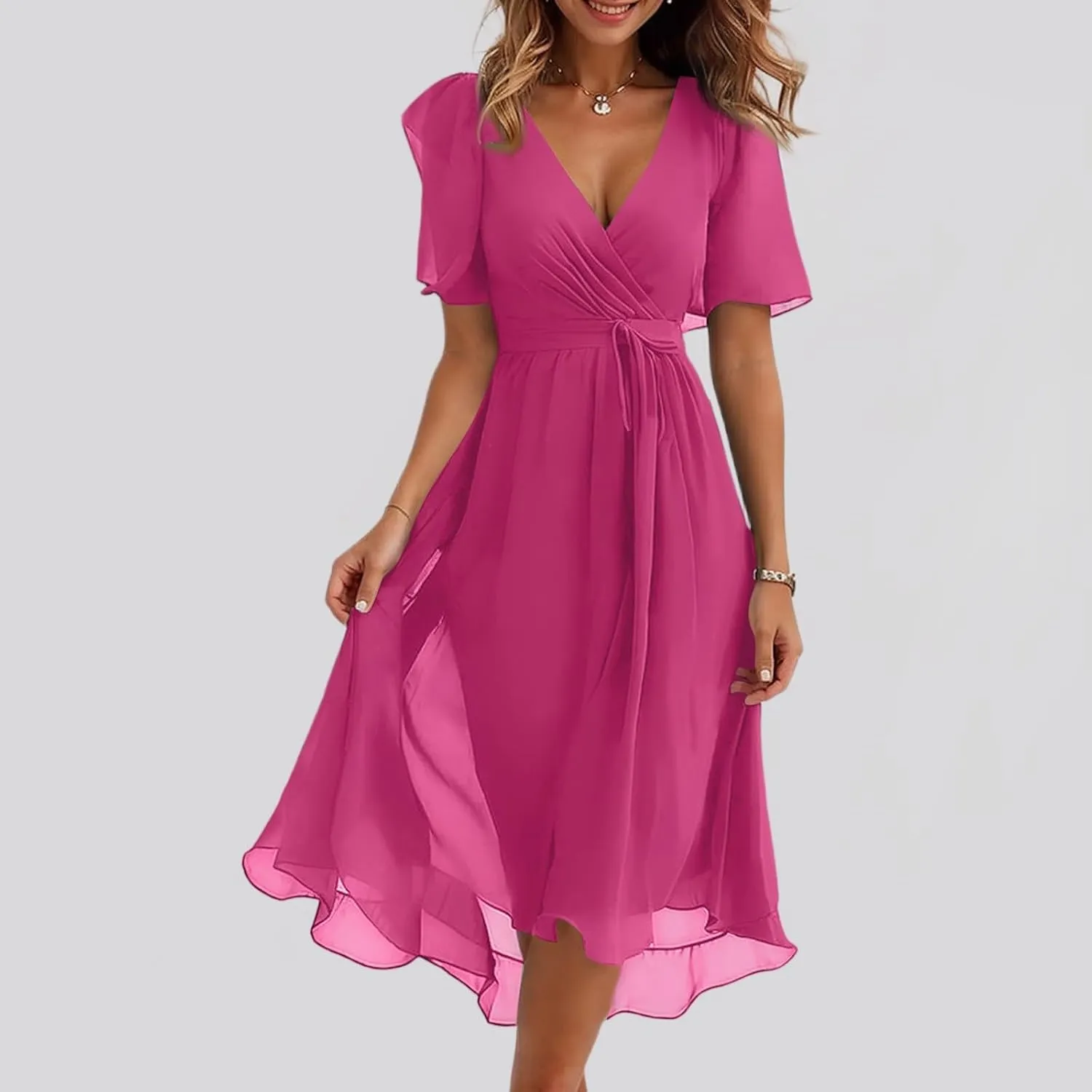 Dresses for Women,Chiffon Sexy Midi Dresses Short Sleeve Flowy Wrap Wedding Guest Womens Summer Dress Cocktail Prom
