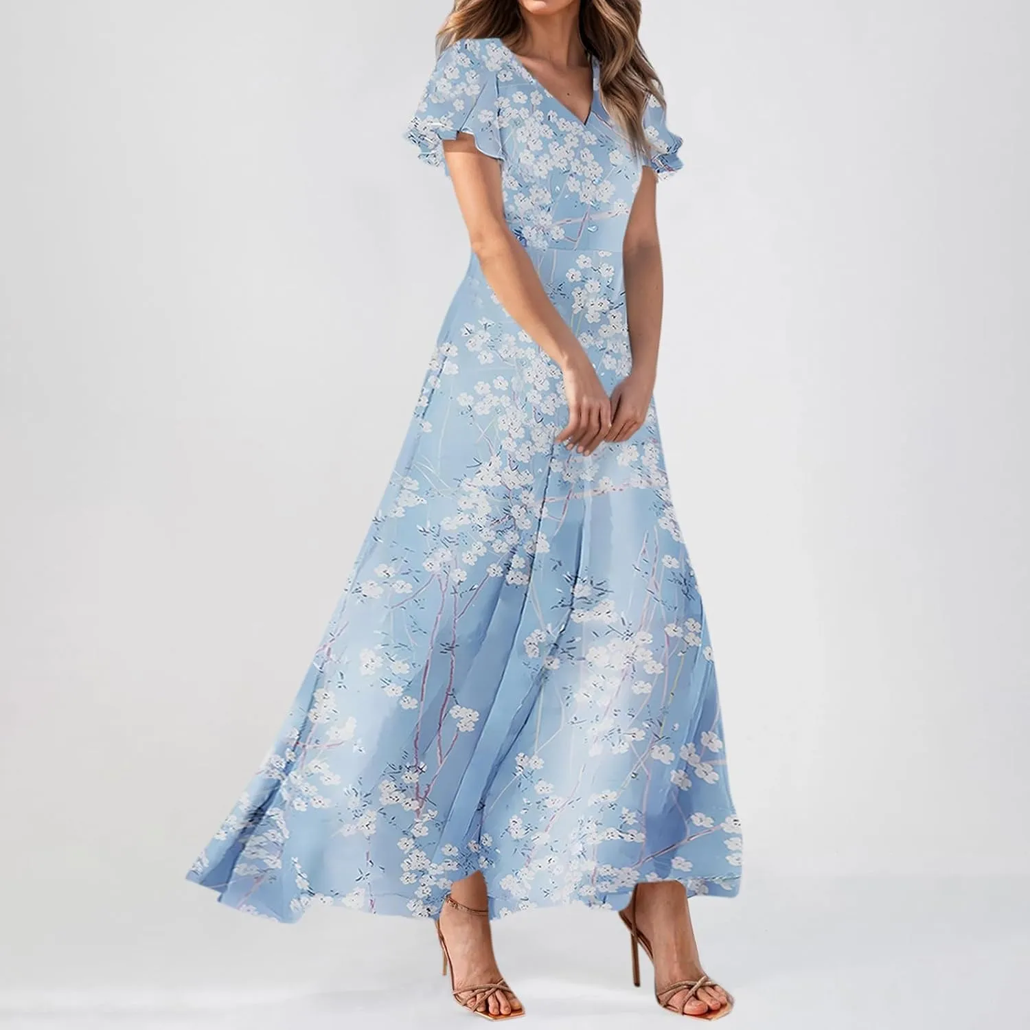 Easter Dress for Women Chiffon Dresses Swing Flowy Ruffle Hem Swing Womens Dresses Summer Beach Casual Dresses