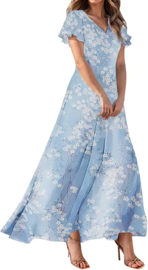 Easter Dress for Women Chiffon Dresses Swing Flowy Ruffle Hem Swing Womens Dresses Summer Beach Casual Dresses