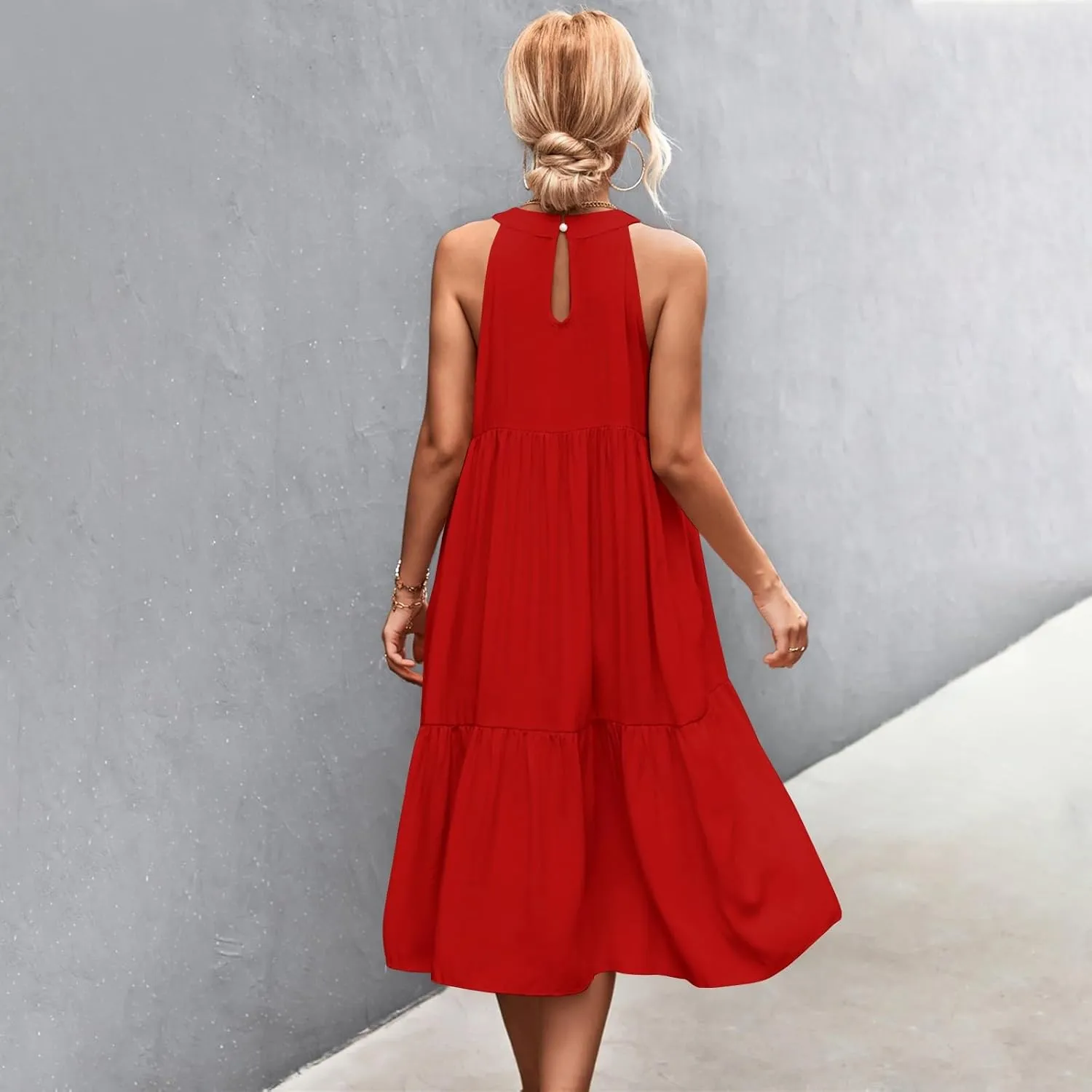 Easter Dress for Women Summer Dresses with Sleeves High Waisted Loose Swing Solid Color Patchwork