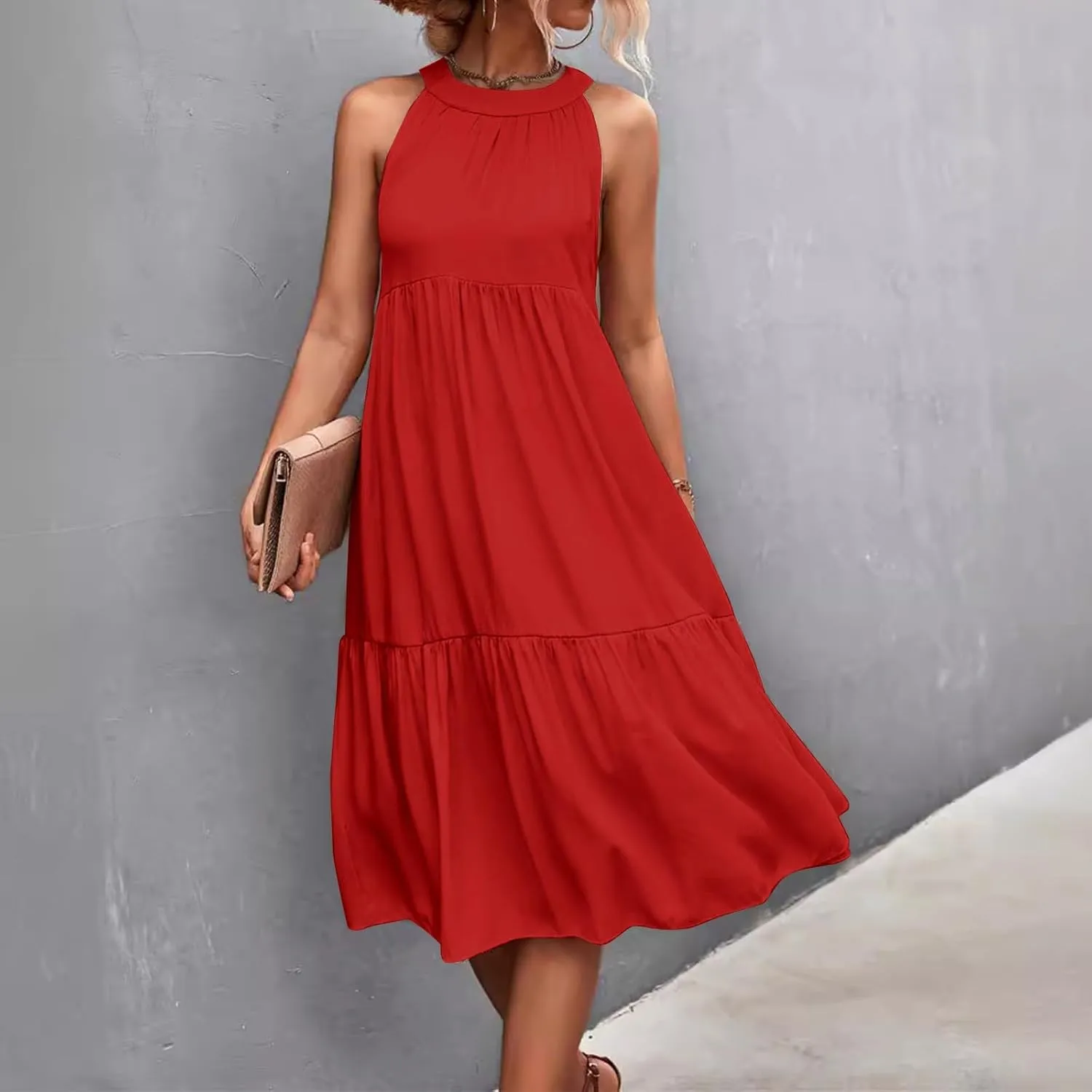 Easter Dress for Women Summer Dresses with Sleeves High Waisted Loose Swing Solid Color Patchwork