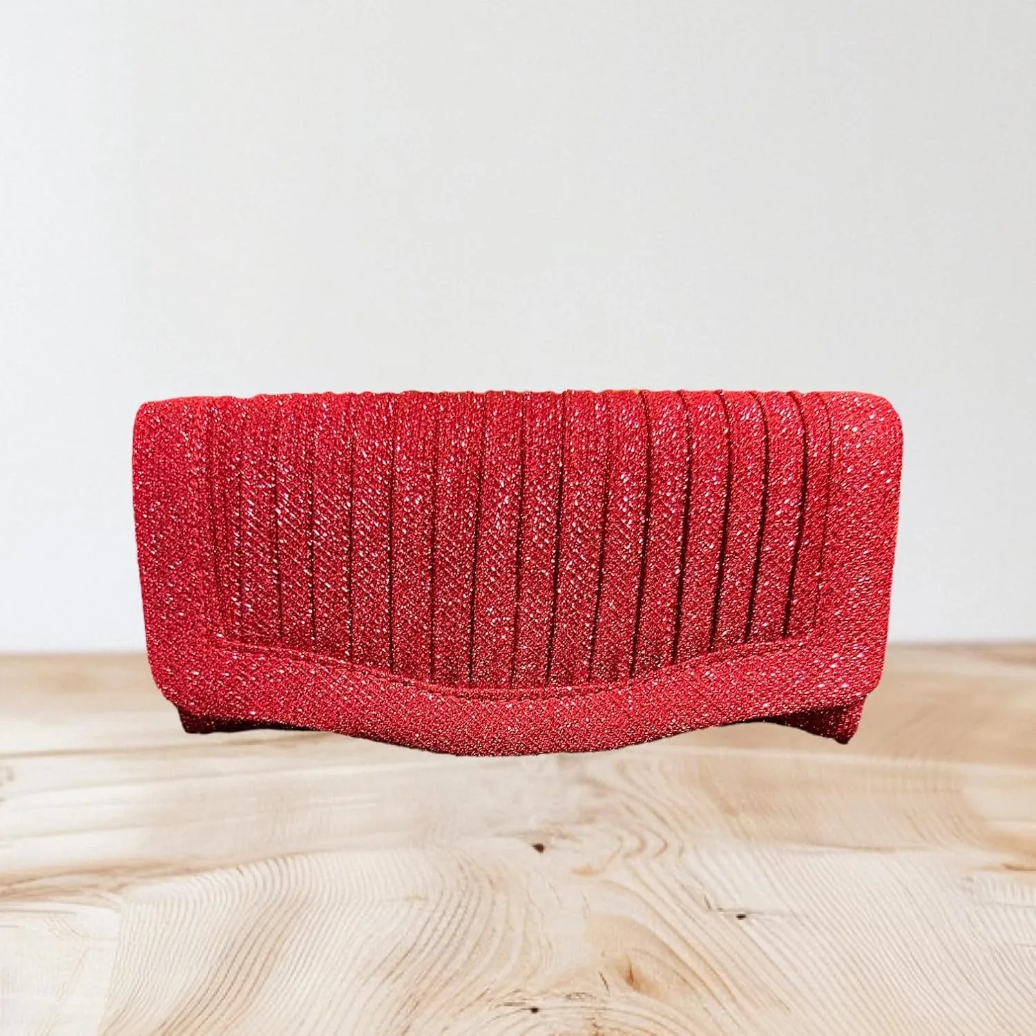 Evening Clutch Purse, Pleated Metallic Silver, Shimmering Fabric