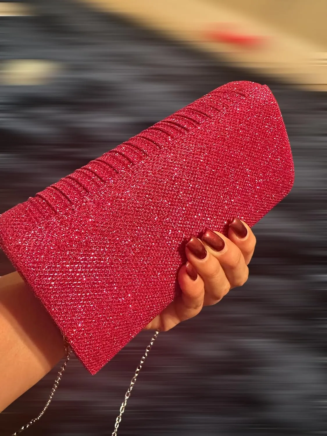 Evening Clutch Purse, Pleated Metallic Silver, Shimmering Fabric