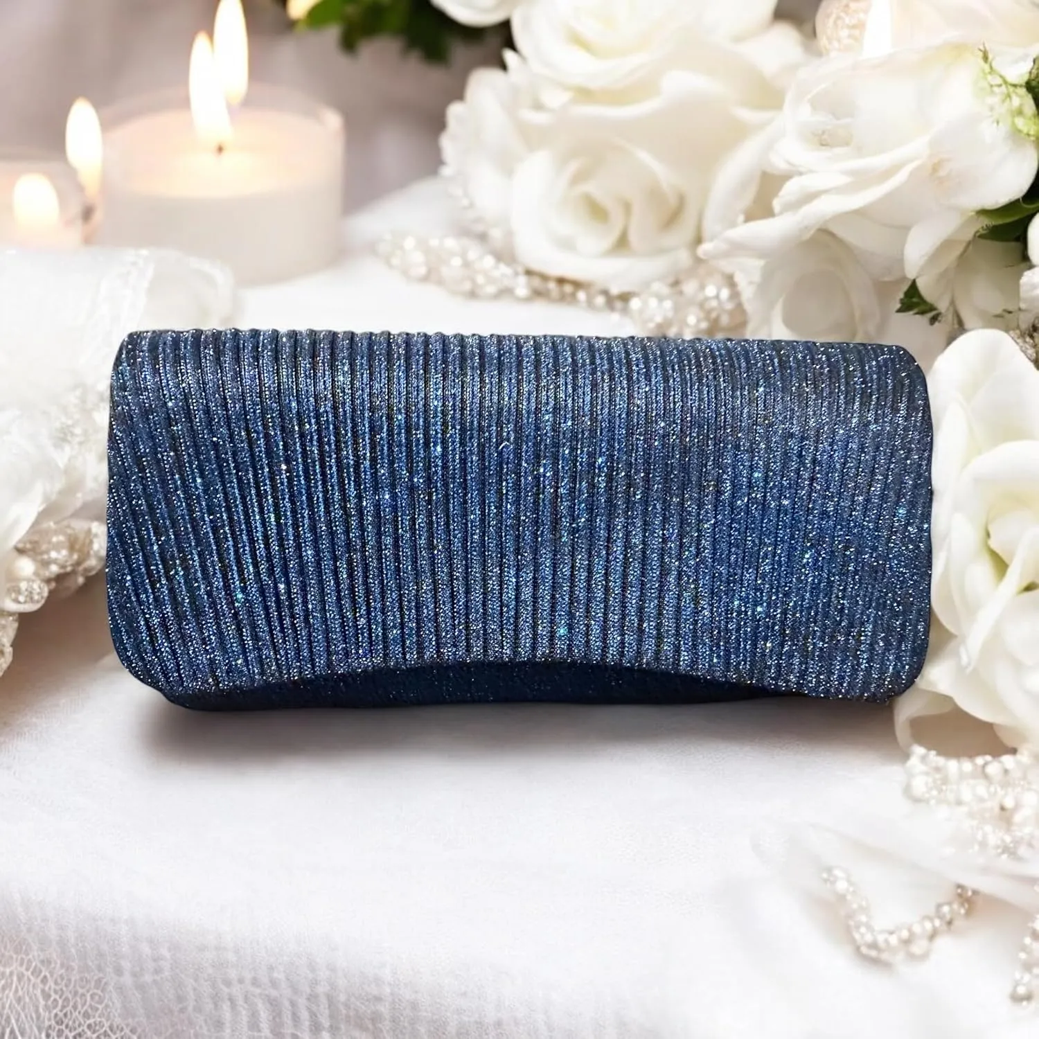 Evening Clutch Purse, Pleated Metallic Silver, Shimmering Fabric