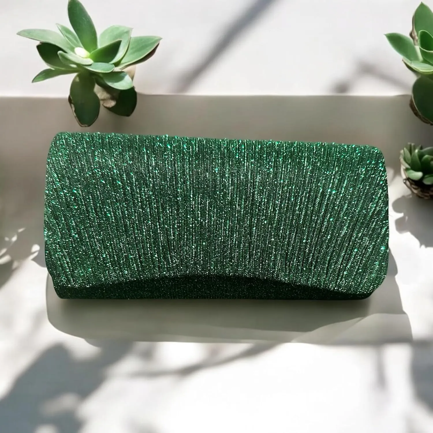 Evening Clutch Purse, Pleated Metallic Silver, Shimmering Fabric