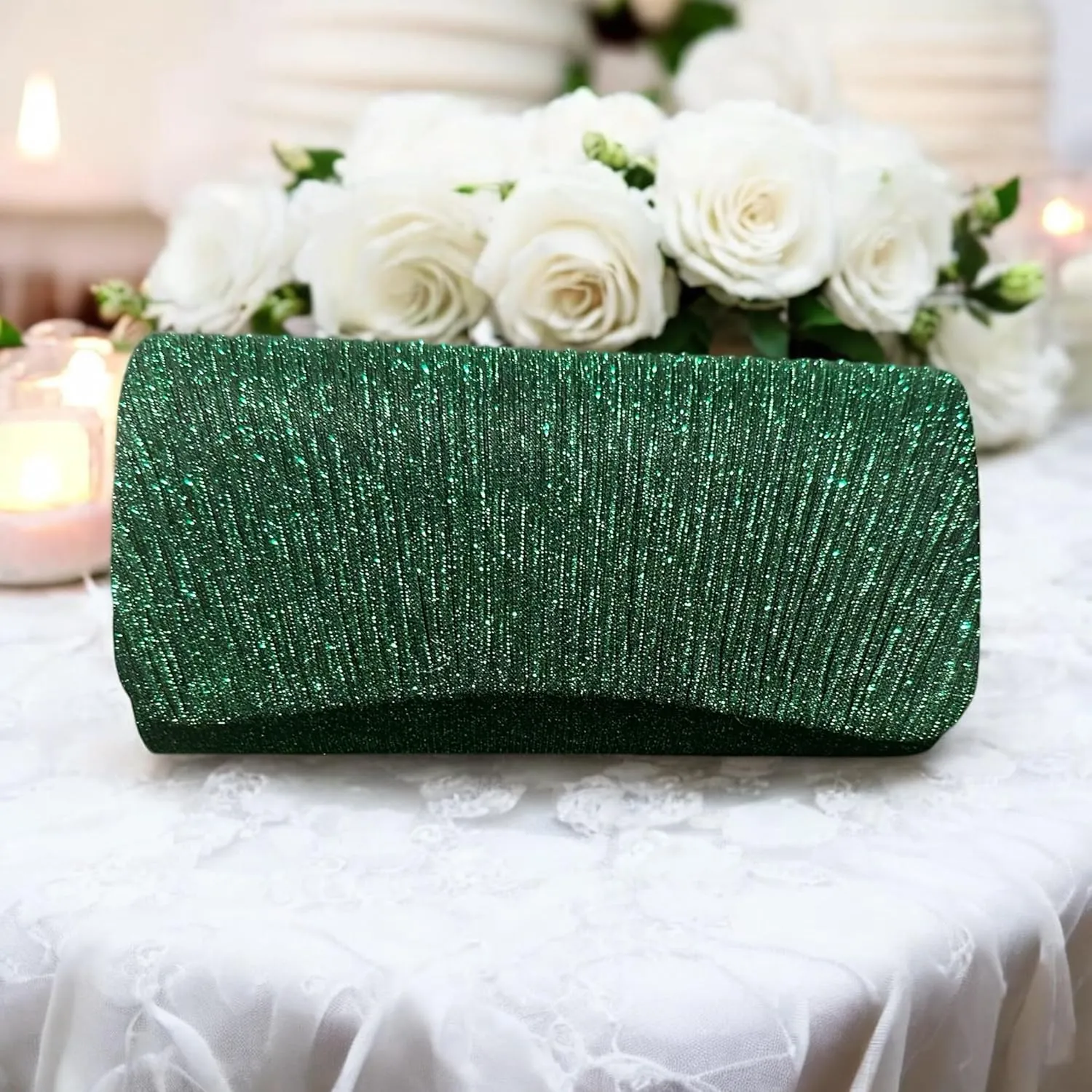 Evening Clutch Purse, Pleated Metallic Silver, Shimmering Fabric
