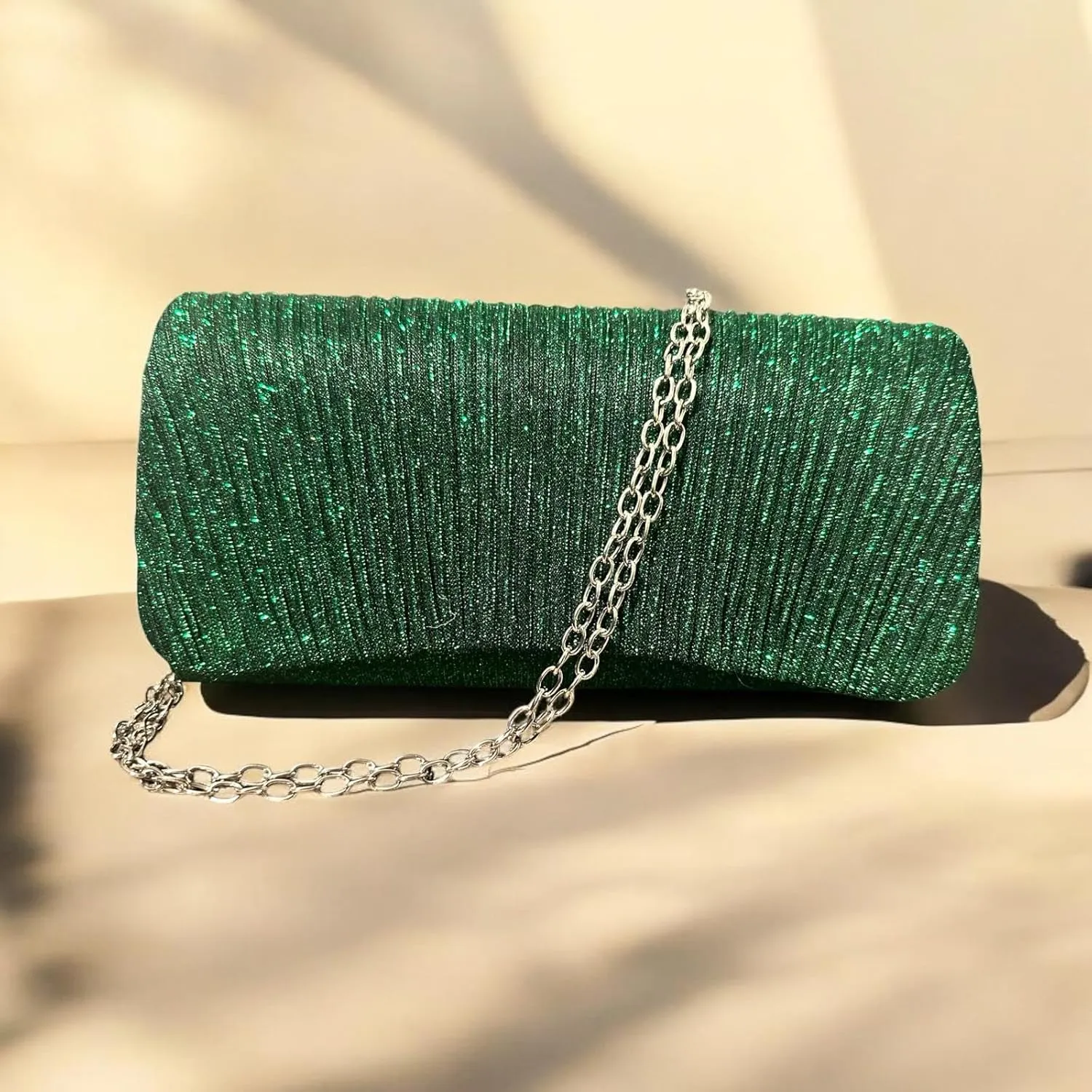 Evening Clutch Purse, Pleated Metallic Silver, Shimmering Fabric