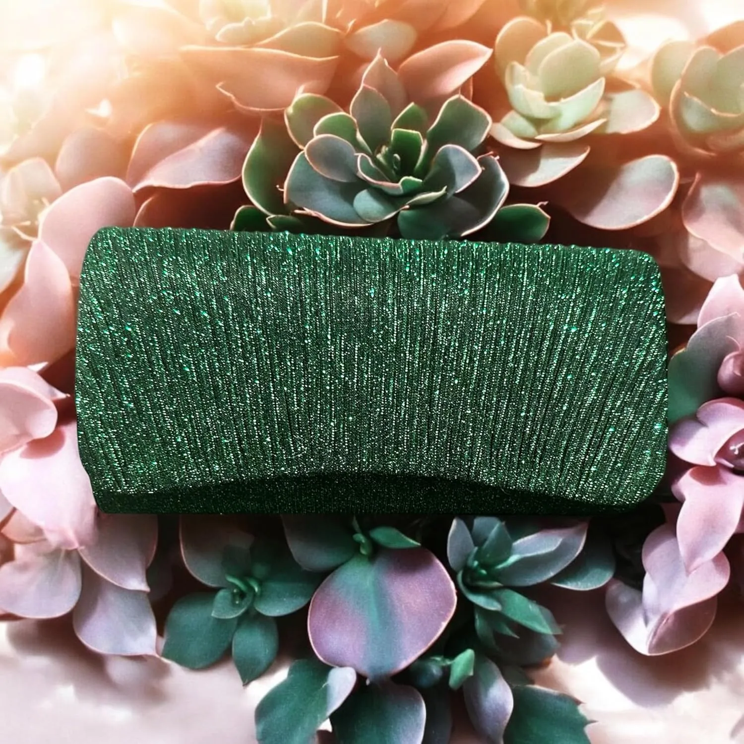 Evening Clutch Purse, Pleated Metallic Silver, Shimmering Fabric