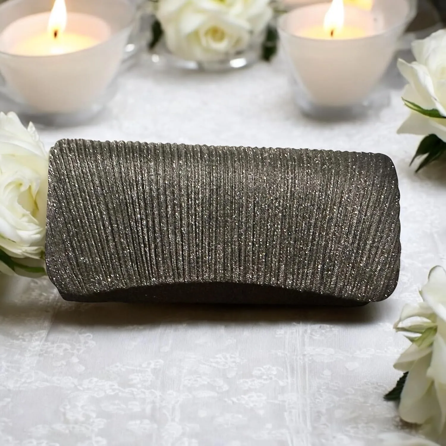 Evening Clutch Purse, Pleated Metallic Silver, Shimmering Fabric