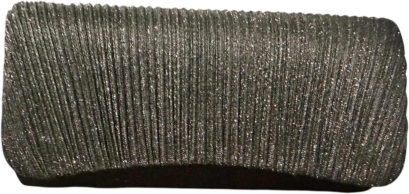 Evening Clutch Purse, Pleated Metallic Silver, Shimmering Fabric