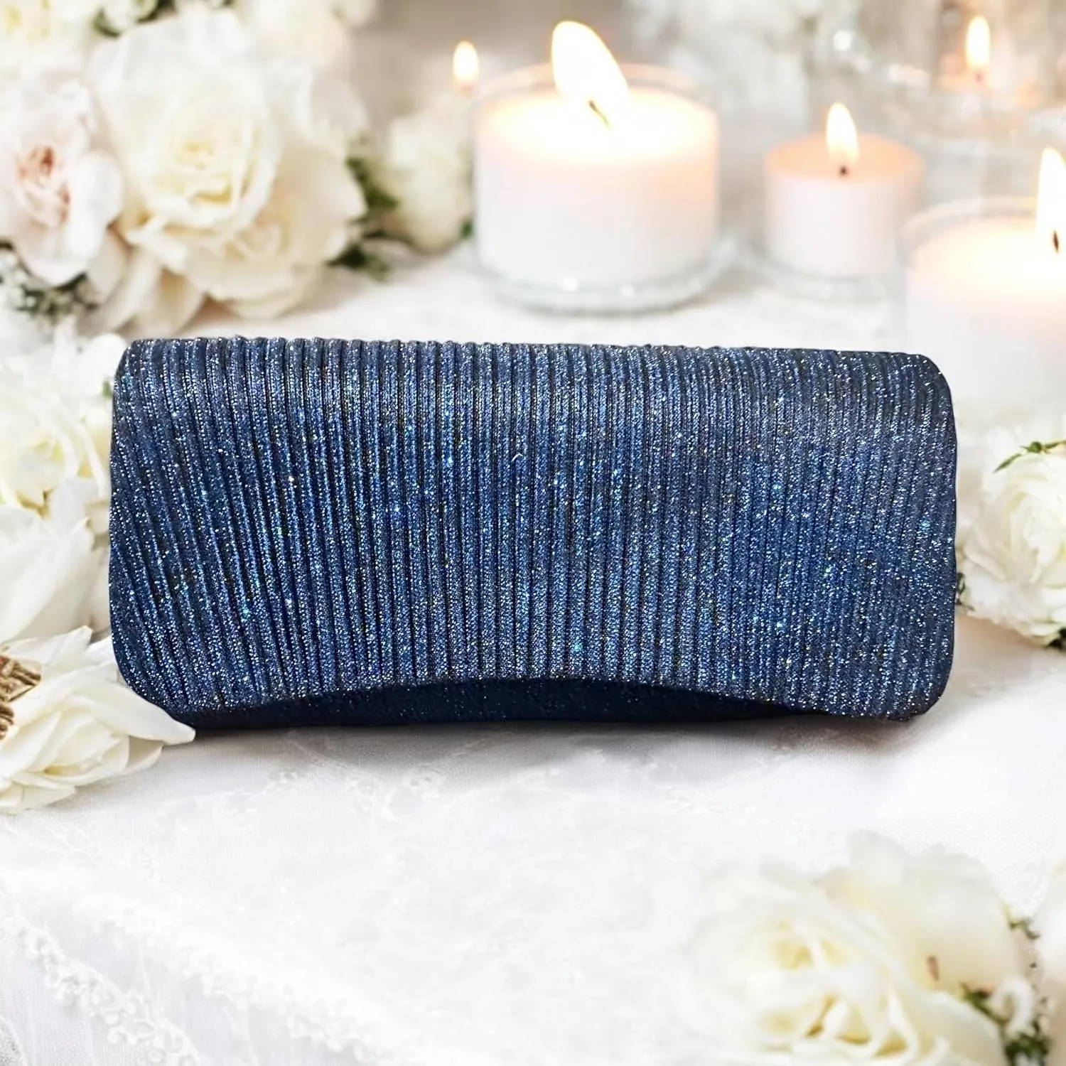 Evening Clutch Purse, Pleated Metallic Silver, Shimmering Fabric