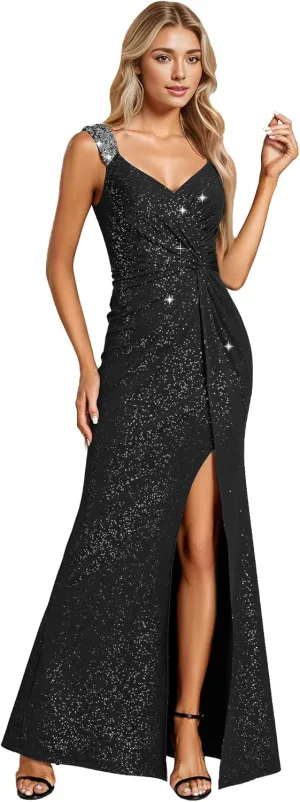 Ever-Pretty Glitter Evening Dresses Women's V Neck High Slit Sequin Shoulder Strap Maxi Formal Dress 01888