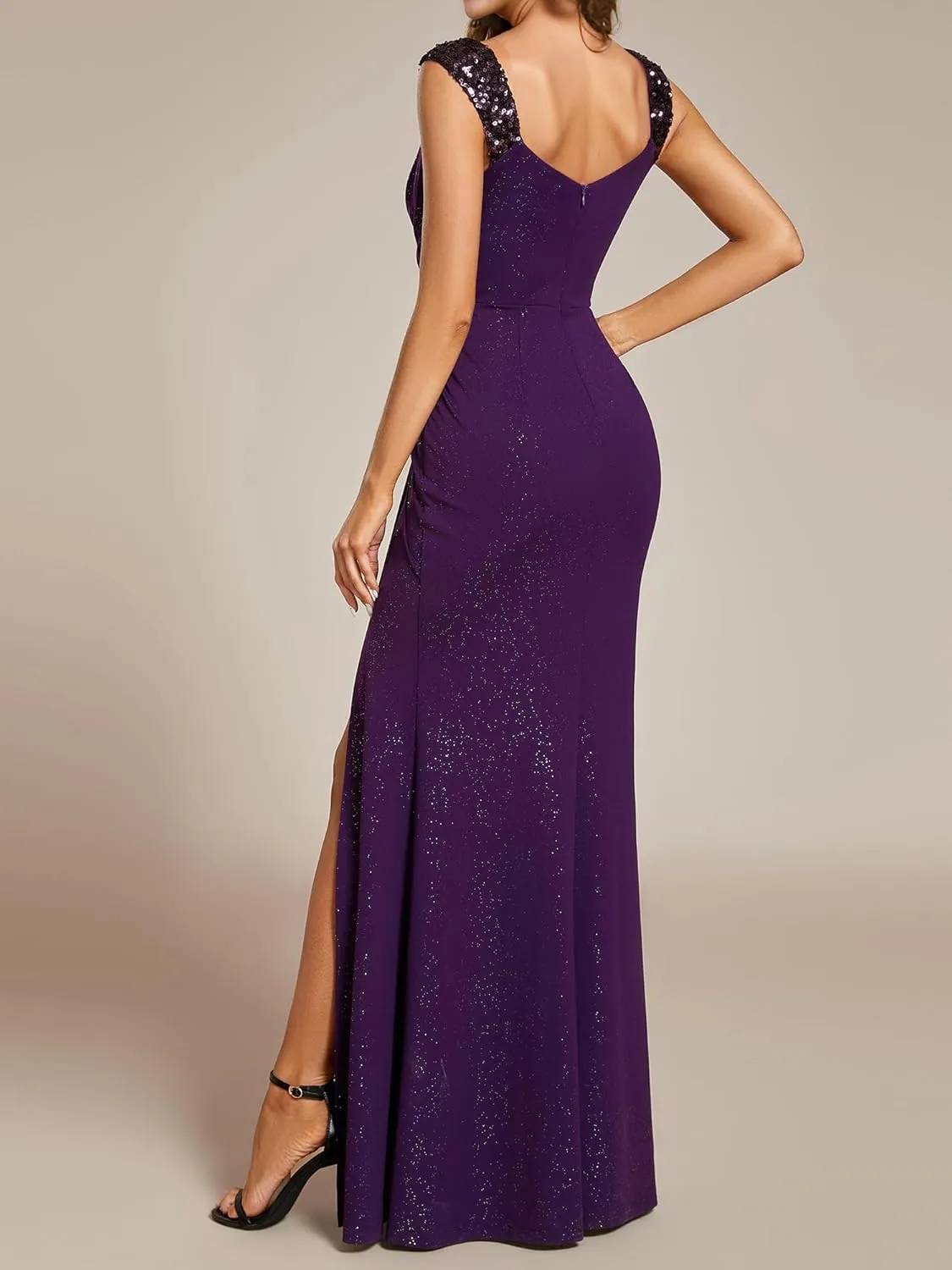 Ever-Pretty Glitter Evening Dresses Women's V Neck High Slit Sequin Shoulder Strap Maxi Formal Dress 01888