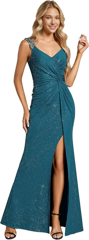 Ever-Pretty Glitter Evening Dresses Women's V Neck High Slit Sequin Shoulder Strap Maxi Formal Dress 01888
