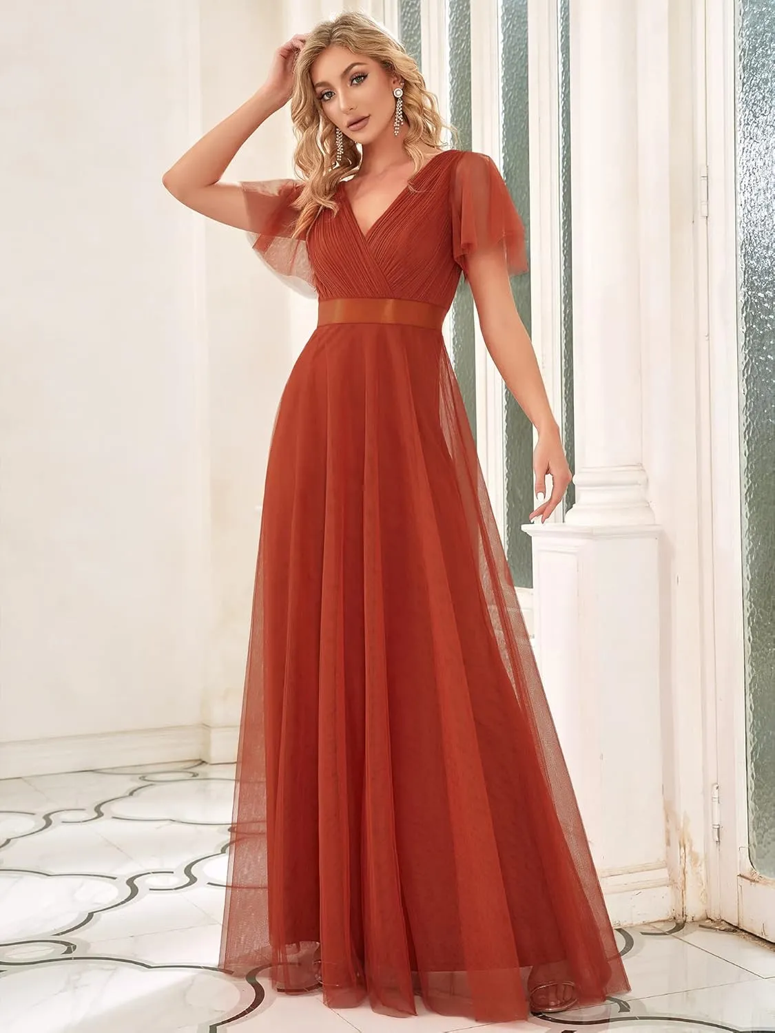 Ever-Pretty Women's Mother of Bride Dress Double V-Neck Empire Waist Front Wrap Tulle Bridesmaid Dress 07962