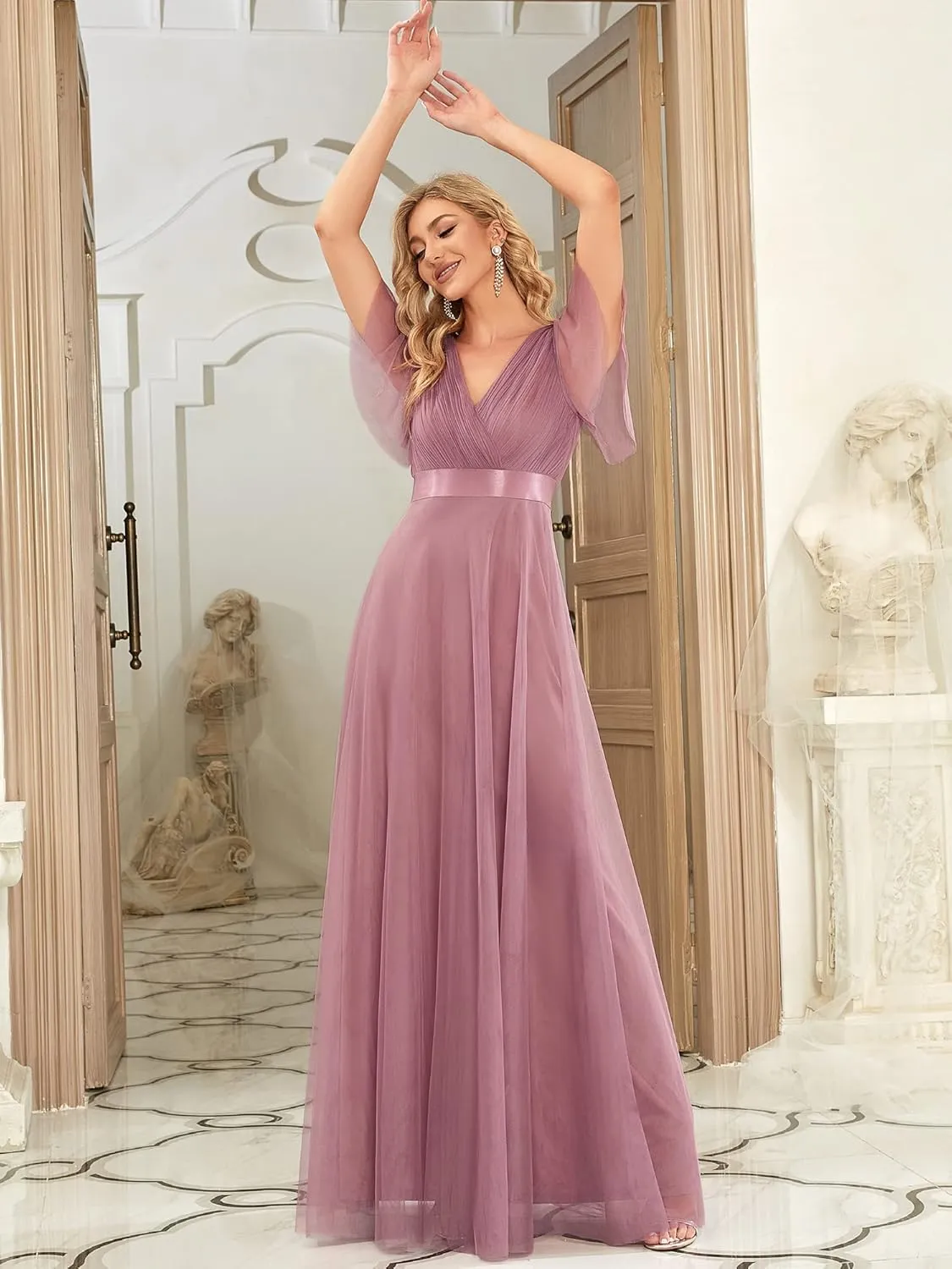 Ever-Pretty Women's Mother of Bride Dress Double V-Neck Empire Waist Front Wrap Tulle Bridesmaid Dress 07962