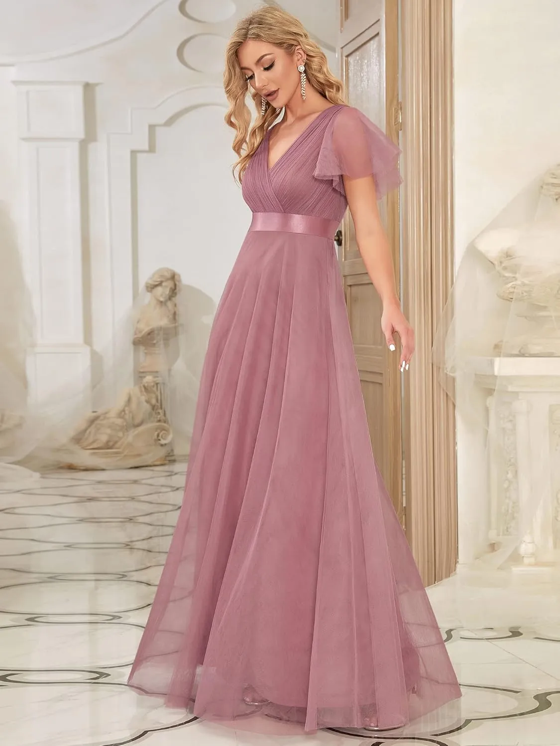 Ever-Pretty Women's Mother of Bride Dress Double V-Neck Empire Waist Front Wrap Tulle Bridesmaid Dress 07962