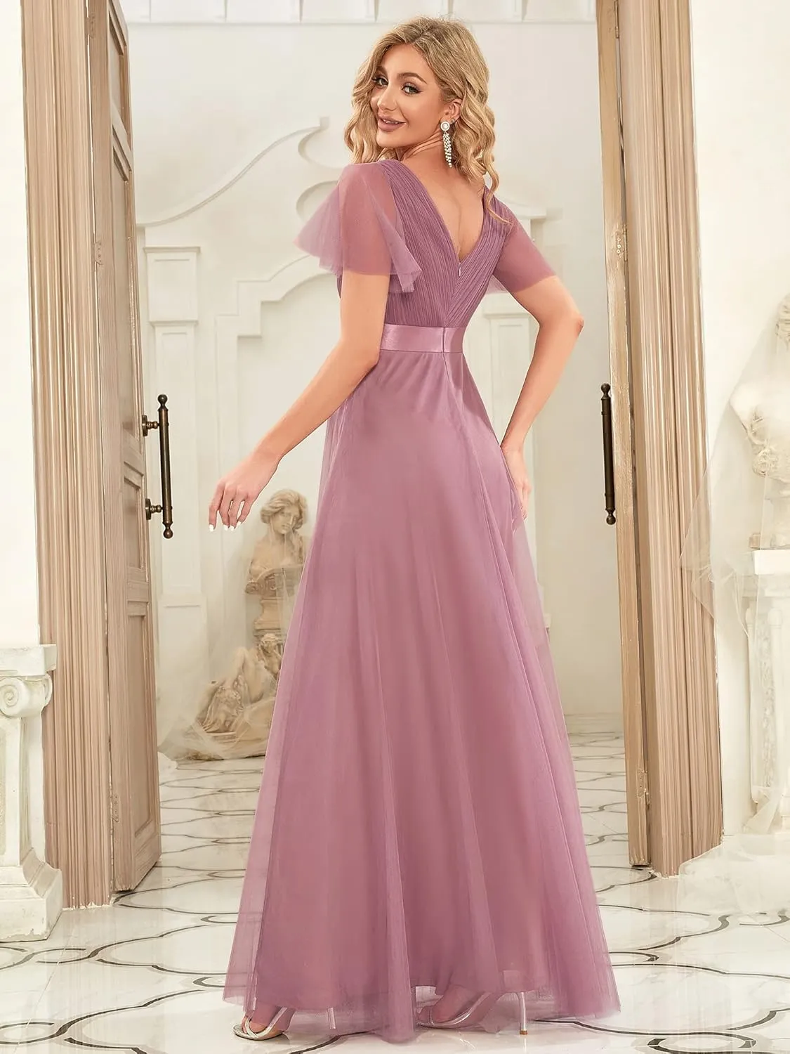 Ever-Pretty Women's Mother of Bride Dress Double V-Neck Empire Waist Front Wrap Tulle Bridesmaid Dress 07962