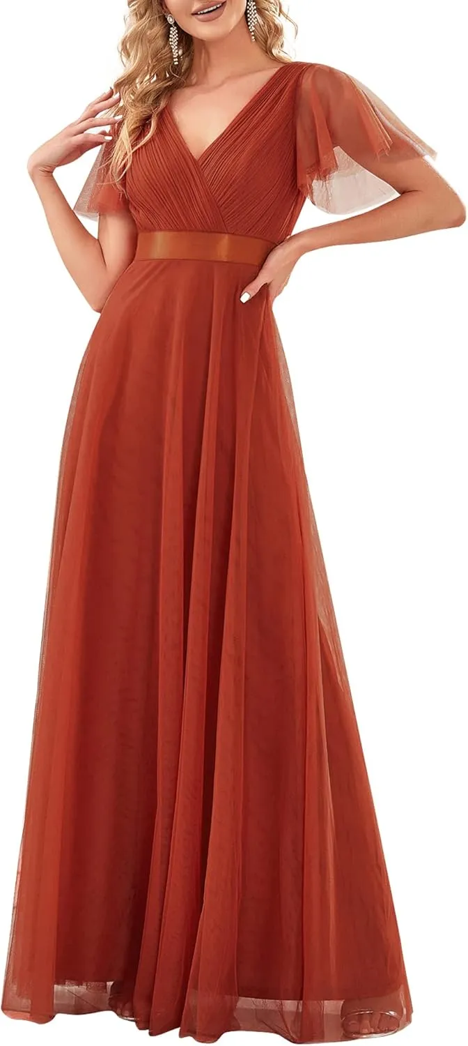 Ever-Pretty Women's Mother of Bride Dress Double V-Neck Empire Waist Front Wrap Tulle Bridesmaid Dress 07962
