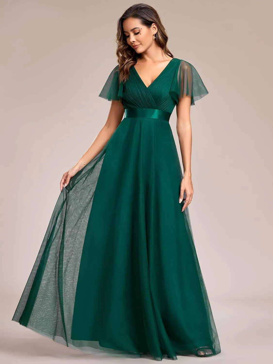 Ever-Pretty Women's Mother of Bride Dress Double V-Neck Empire Waist Front Wrap Tulle Bridesmaid Dress 07962