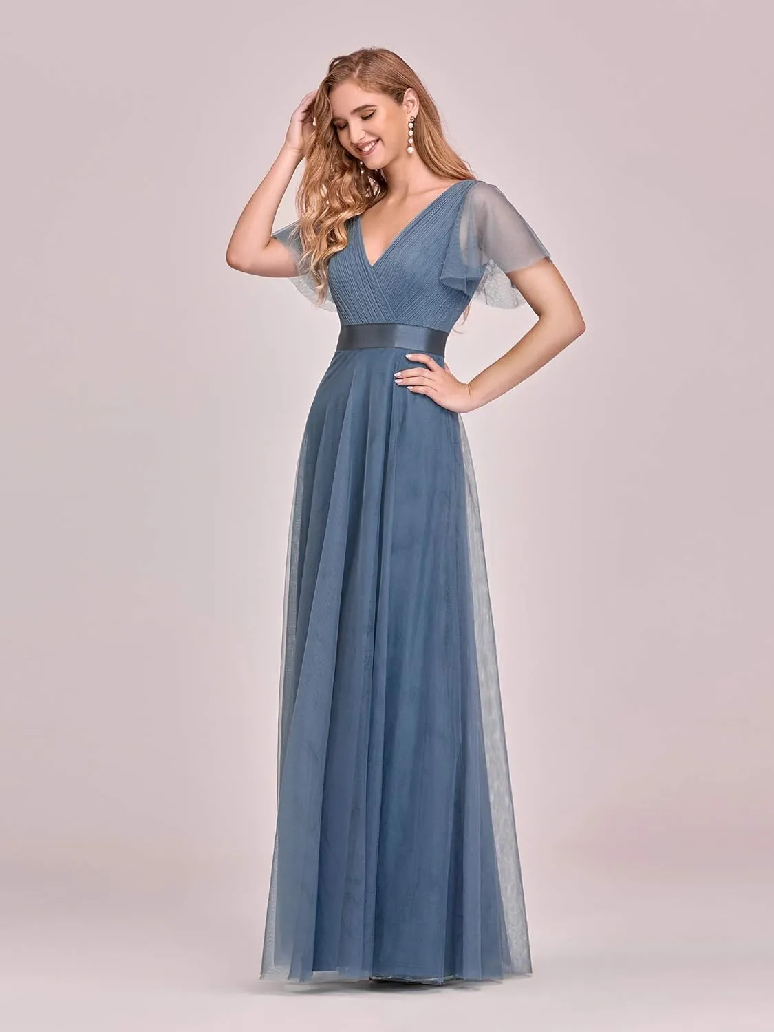 Ever-Pretty Women's Mother of Bride Dress Double V-Neck Empire Waist Front Wrap Tulle Bridesmaid Dress 07962