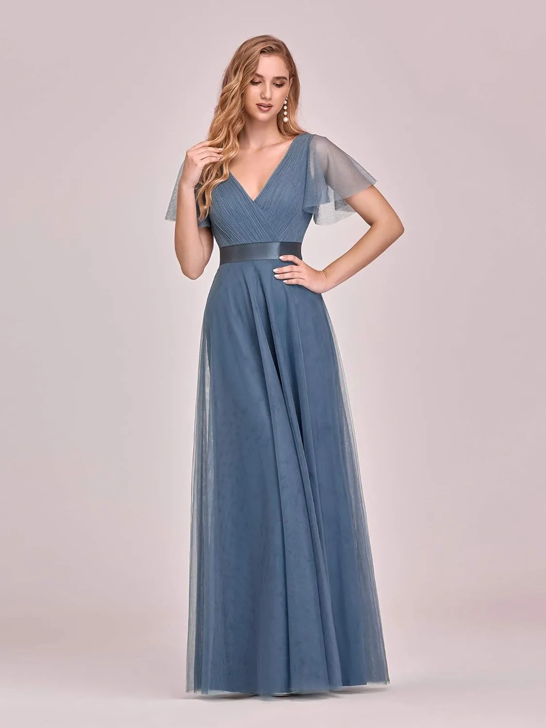 Ever-Pretty Women's Mother of Bride Dress Double V-Neck Empire Waist Front Wrap Tulle Bridesmaid Dress 07962