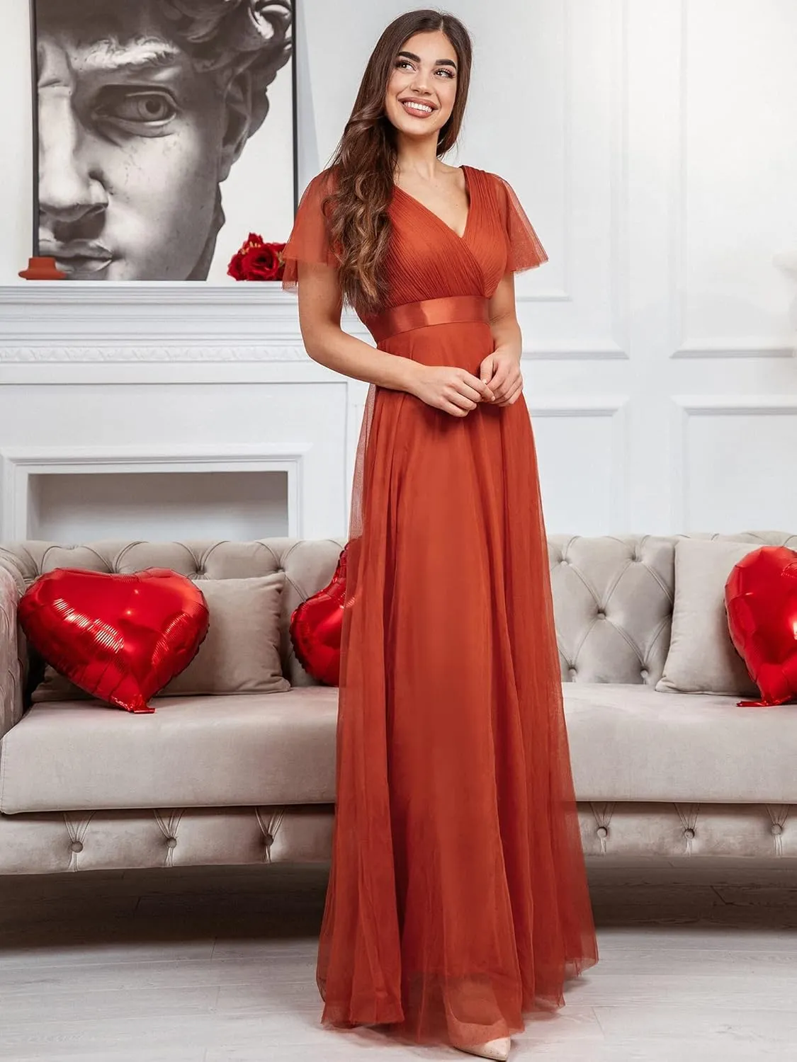 Ever-Pretty Women's Mother of Bride Dress Double V-Neck Empire Waist Front Wrap Tulle Bridesmaid Dress 07962