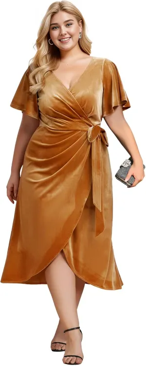 Ever-Pretty Women's One Piece V Neck Ruffled Sleeves Velvet Plus Size Wedding Guest Dress 01964-DA
