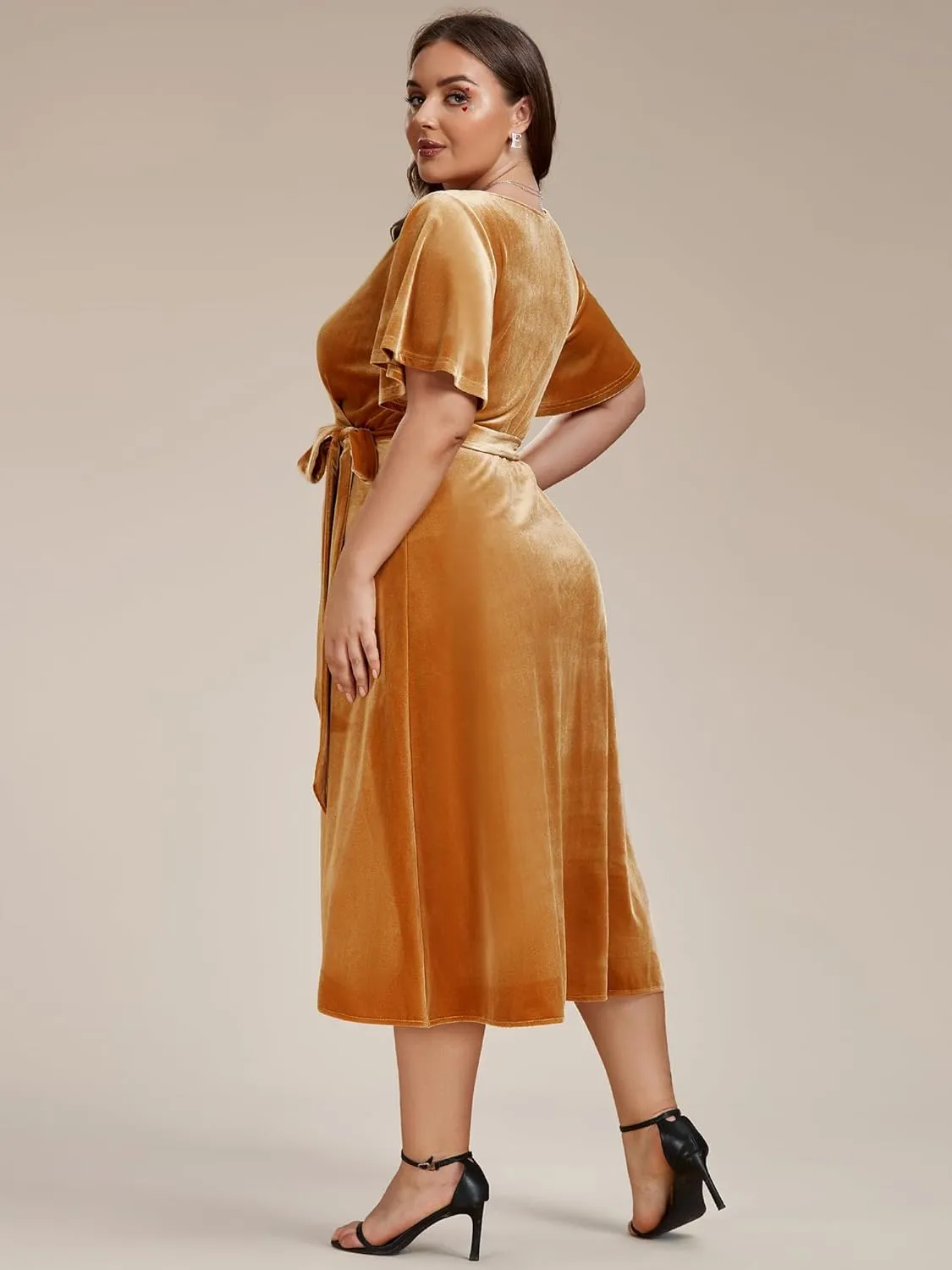 Ever-Pretty Women's One Piece V Neck Ruffled Sleeves Velvet Plus Size Wedding Guest Dress 01964-DA